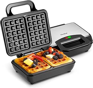 VonShef Waffle Maker Machine – Waffle Iron with Non Stick Plates, 1000W, Deep Fill Belgian & American Waffle Machine, Auto Temperature Control, Cool Touch Handle, Savoury Snacks & Desserts – Silver
