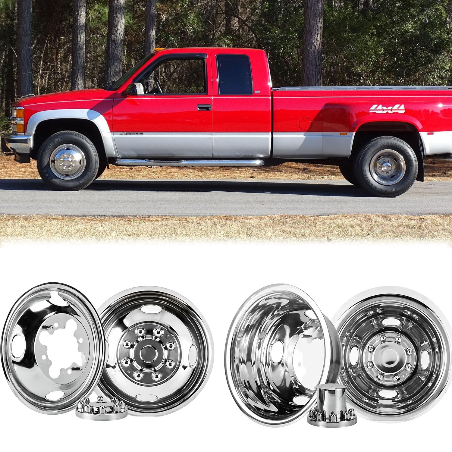 4X Anti Rust 16 Inch Dually Wheel Simulators Fit 2001-2007 Chevy GMC 3500 Truck &amp; 2003-2021 G3500 Van, 8 Lug Bolt On Polished Stainless Steel Wheel Covers Removable Center Caps