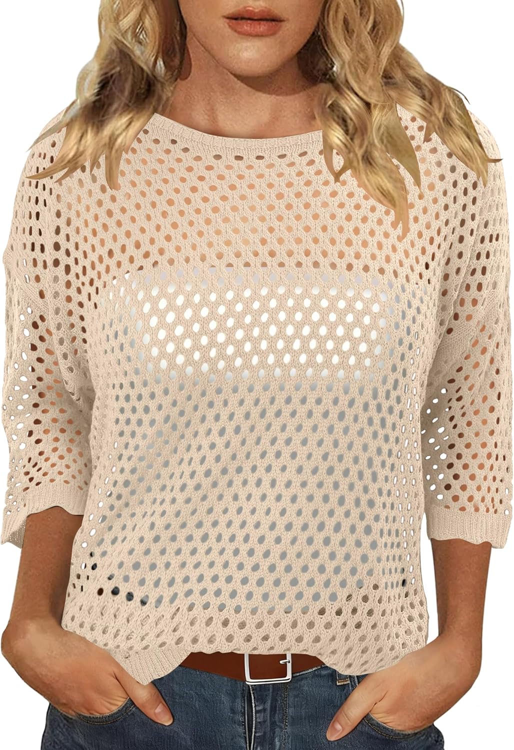 CRAZY GRID Women Casual Crochet Hollow Out Tops Spring Summer Half Sleeve Beach Swim Cover Ups Trendy Knit Outfits - Image 4