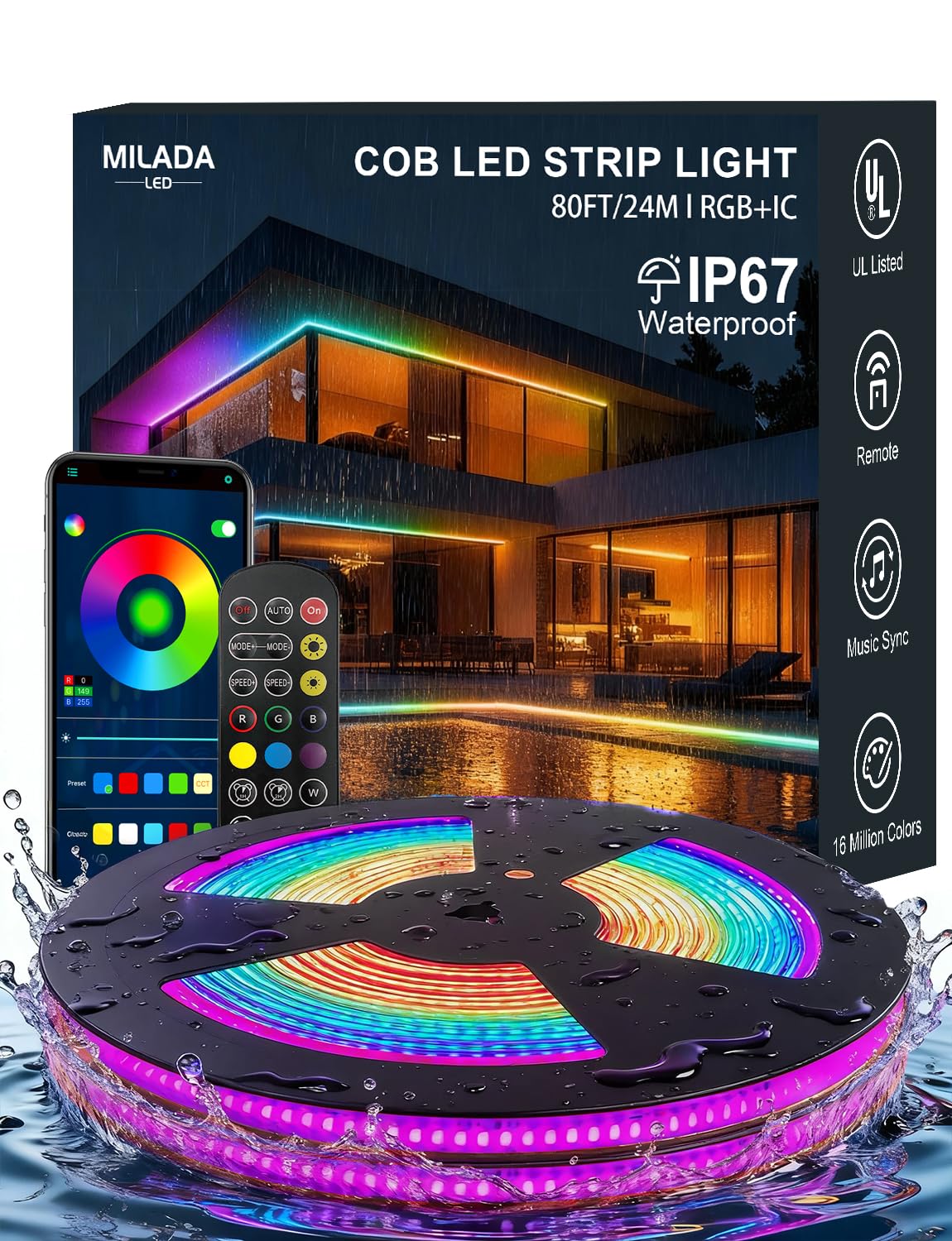 Photo 1 of 80ft COB LED Strip Lights Outdoor,Smart RGB IC IP67 Waterproof Dimmable 24V
