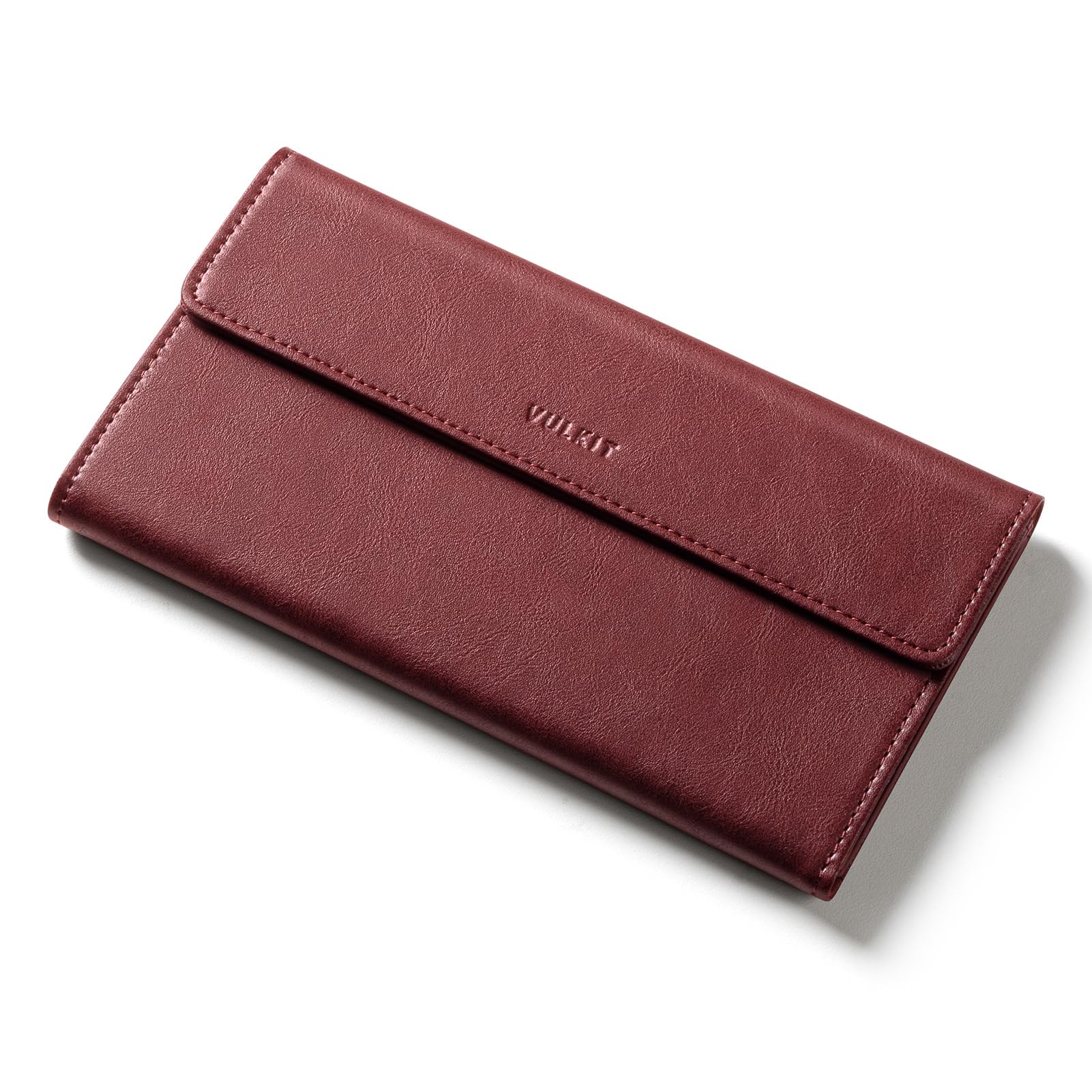 VULKIT Cash Envelope Wallet for Women, Money Wallet Organizer for Cash, 3 Bill & Receipt Compartments, 3 Card & Coin Holders, Wine Red