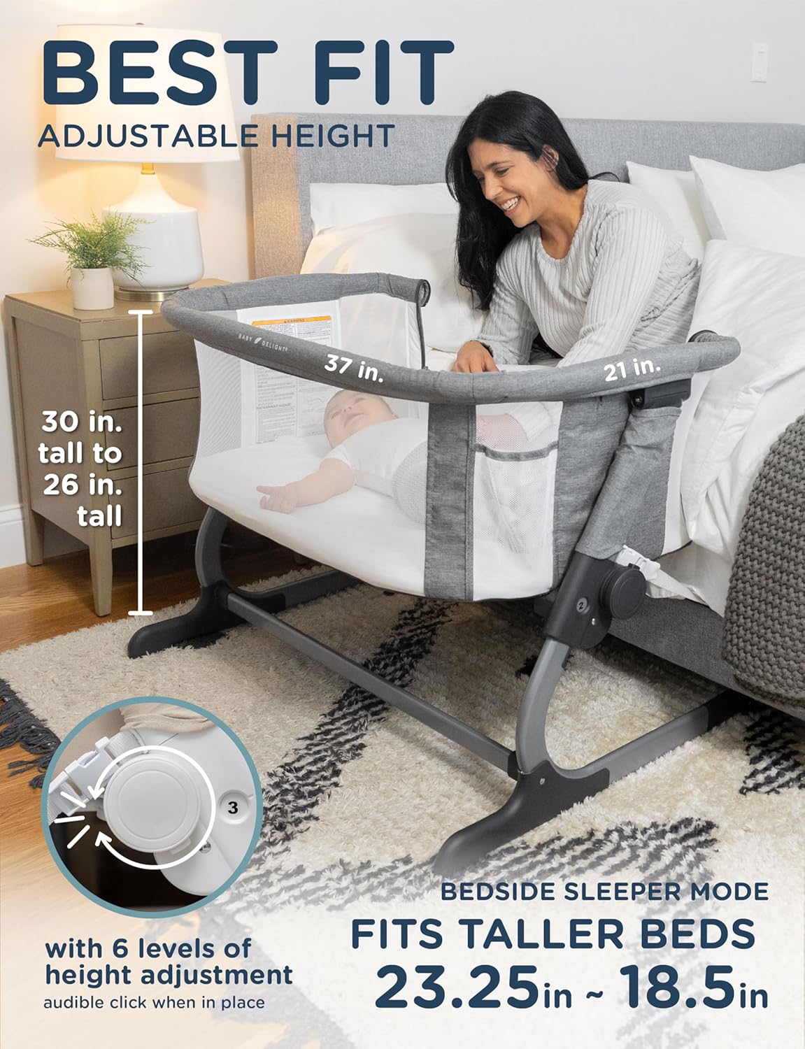 Baby Delight Beside Me Dreamer Bassinet | Bedside Sleeper | 6-Position Height Adjustment | Charcoal Tweed - Image 4