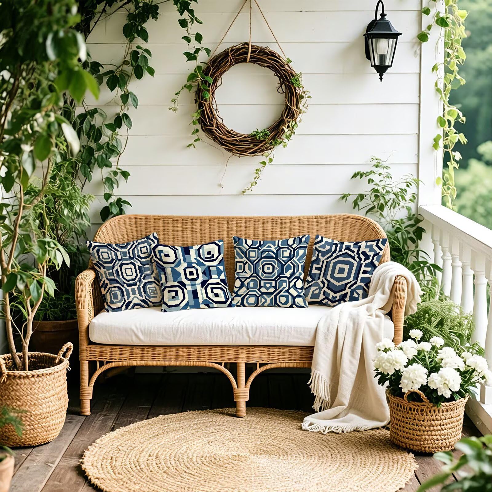Blu Federe Cuscini Divano 60x60cm, Cuscini da Esterno Set de 4, Cod-136 | Velour Copricuscini Decorativi Letto Arredo, per Letto, Soggiorno, Giardino, Esterno, Casa Decorazione Set di 4 Geometria