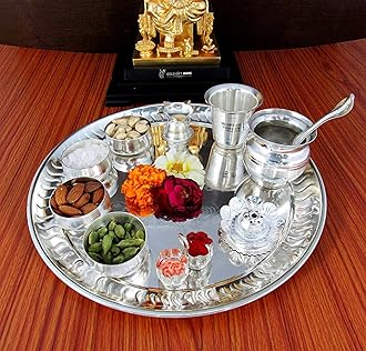 GoldGiftIdeas 12 Inch Premium Silver Plated Pooja Thali Set, Pooja Thali Decorative Plate, Wedding Gift
