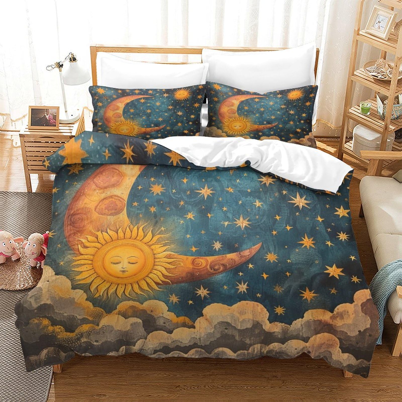 Housse de couette lune et étoiles pour literie hypoallergénique et microfibre anti-plis