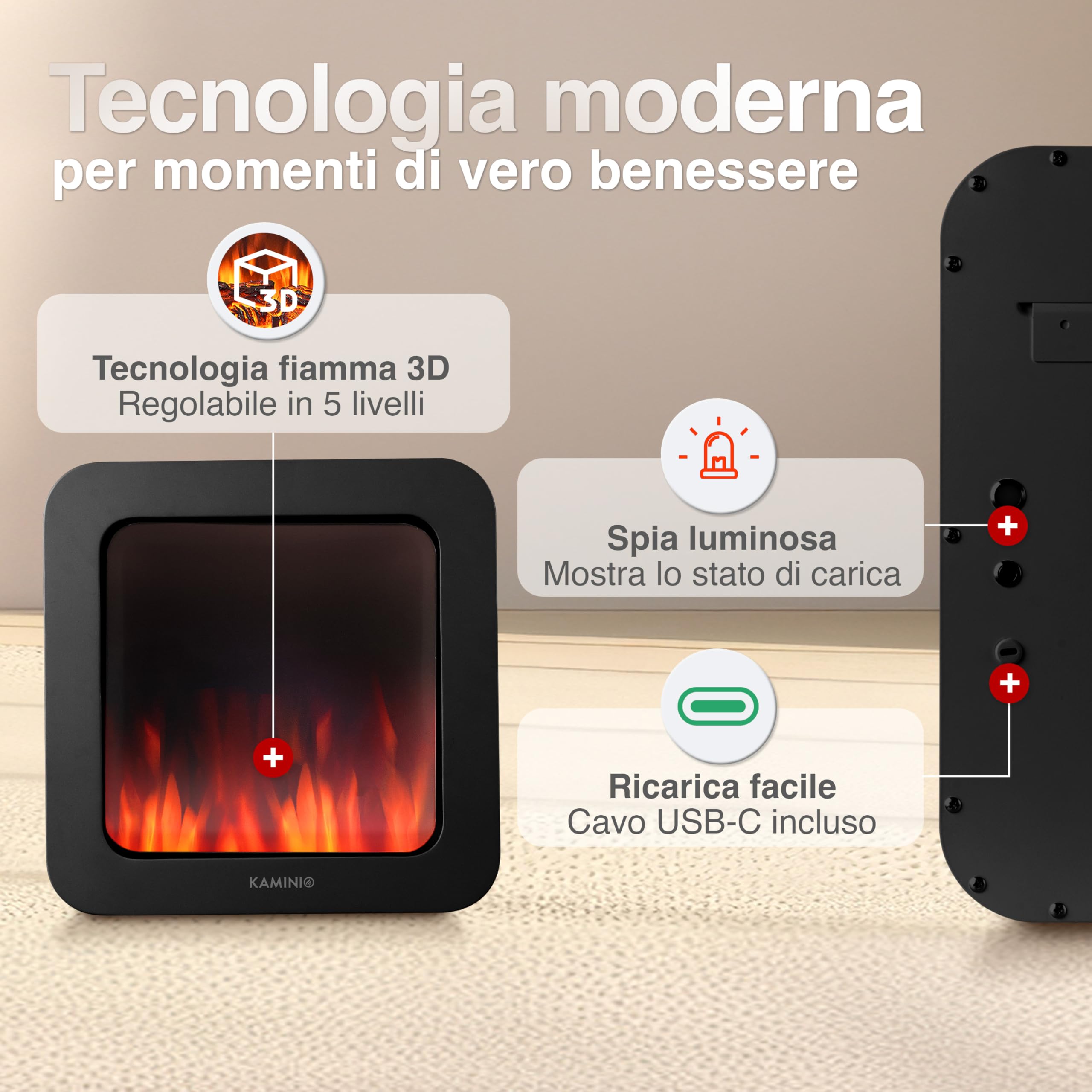 KAMINIO Camino tavolo elettrico MIA - Braciere elettrico tavolo decorativo con effetto fiamma 3D, senza fili, batteria lunga durata (Nero, 10"/25cm)