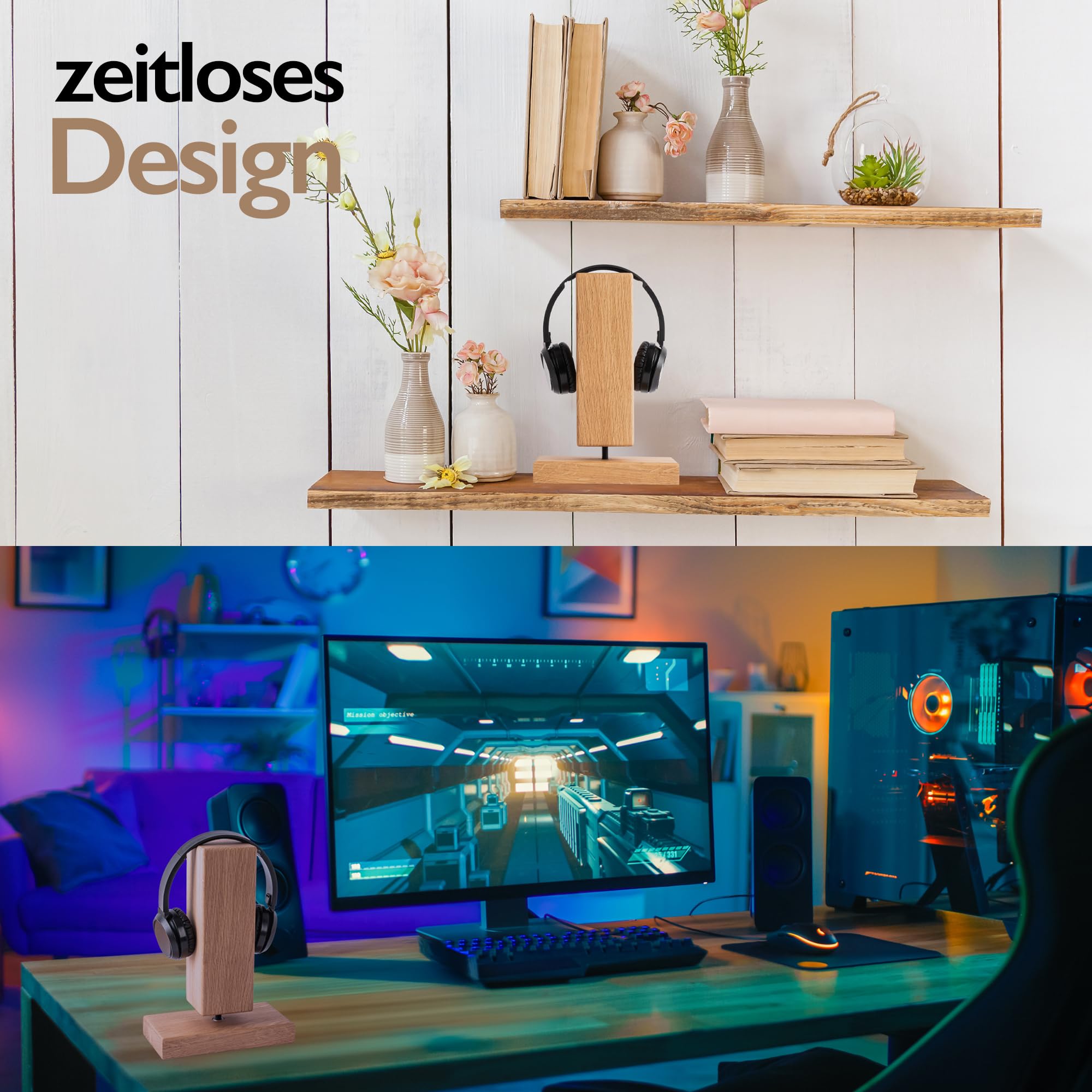 HENK Supporto per cuffie in legno massello di quercia - Elegante supporto per scrivania, supporto universale compatibile per cuffie Sennheiser, Bose, Beats, Razer, AKG, AirPods Max, Sony PS5, ecc.