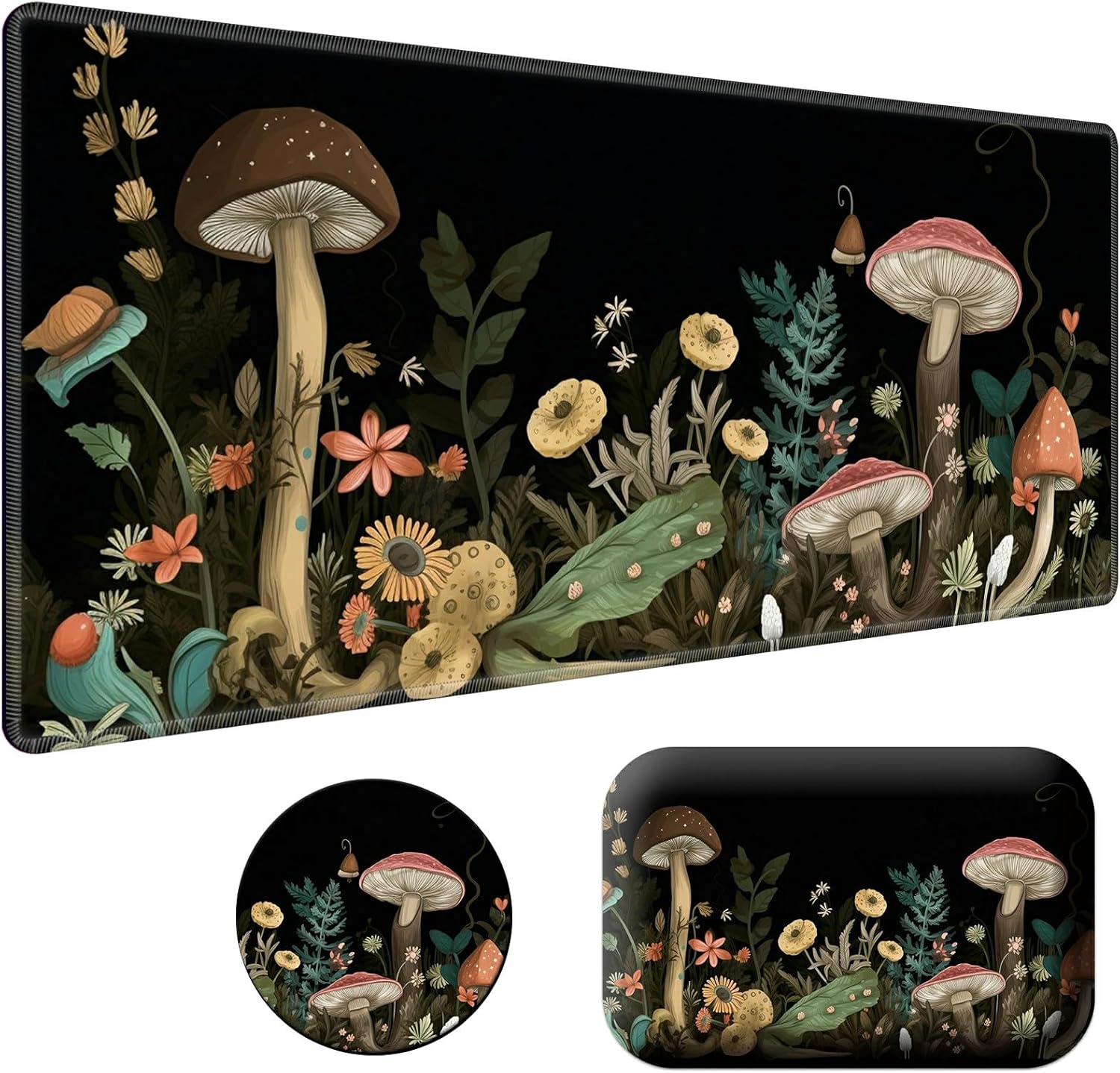 Laptop Mouse Pad 27.5 x 11.8 inch & Small Wrist Rests with Coasters and Mushroom and Flower Printed Design Ergonomic Mouse Pad with Wrist Rest Memory Foam for Easy Typing Pain Relief