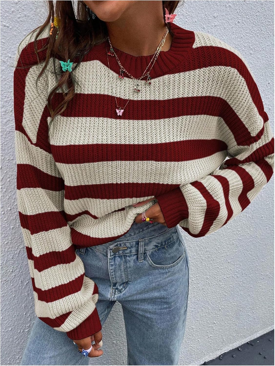 Floerns Women's Striped Cozy Sweaters Crewneck Long Sleeve Halloween Loose Knit Pullover Jumper - Image 5