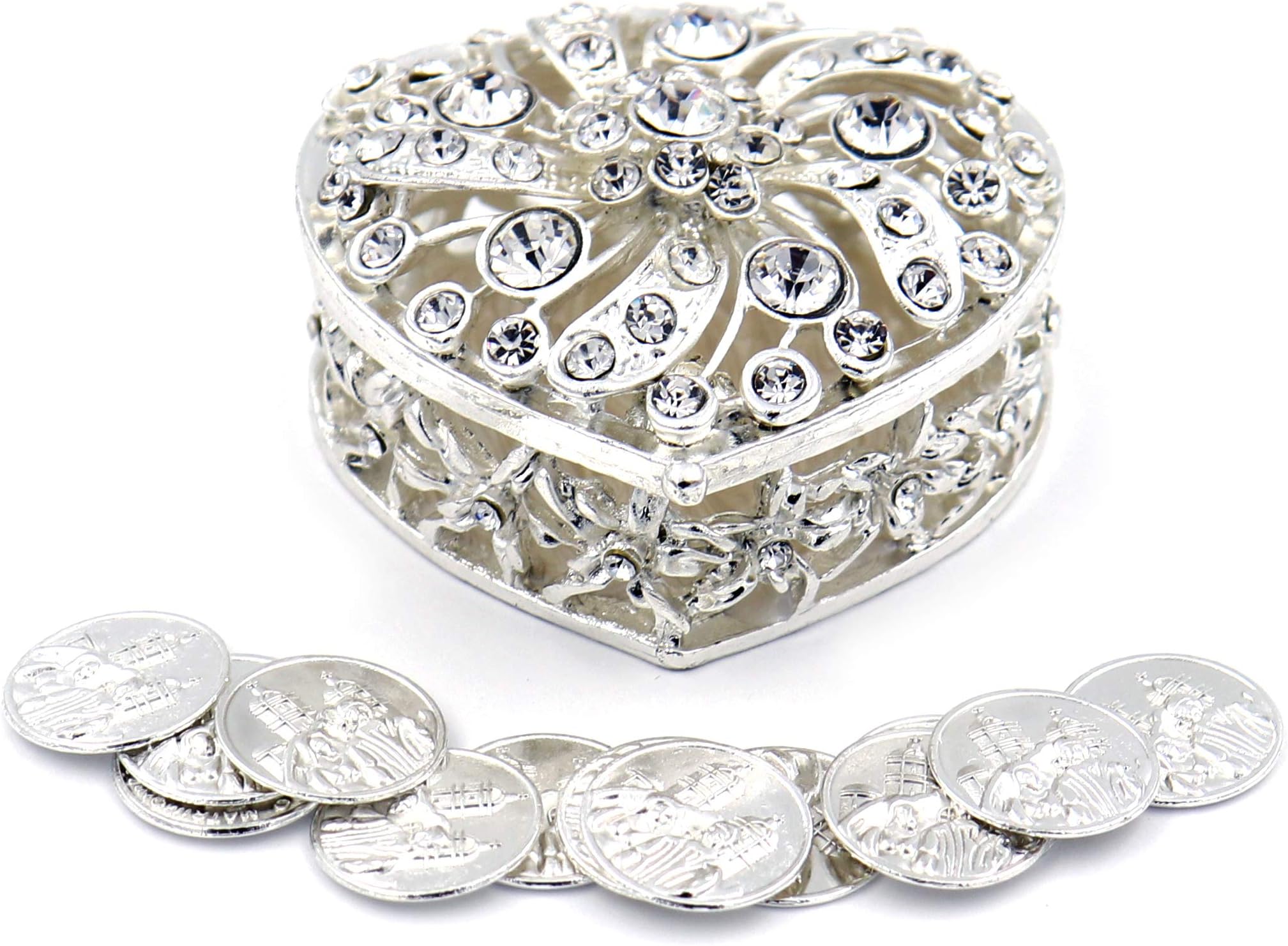 JOICE Silver Metal Heart Rhinestone Wedding Arras Box Set with Unity Coins