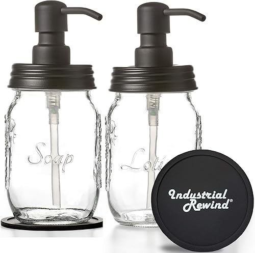 Vista 18 de Petite - Dispensador de jabón y/o loción en tarro Mason de 12 onzas con bomba dispensadora de jabón negro brillante y posavasos antideslizantes