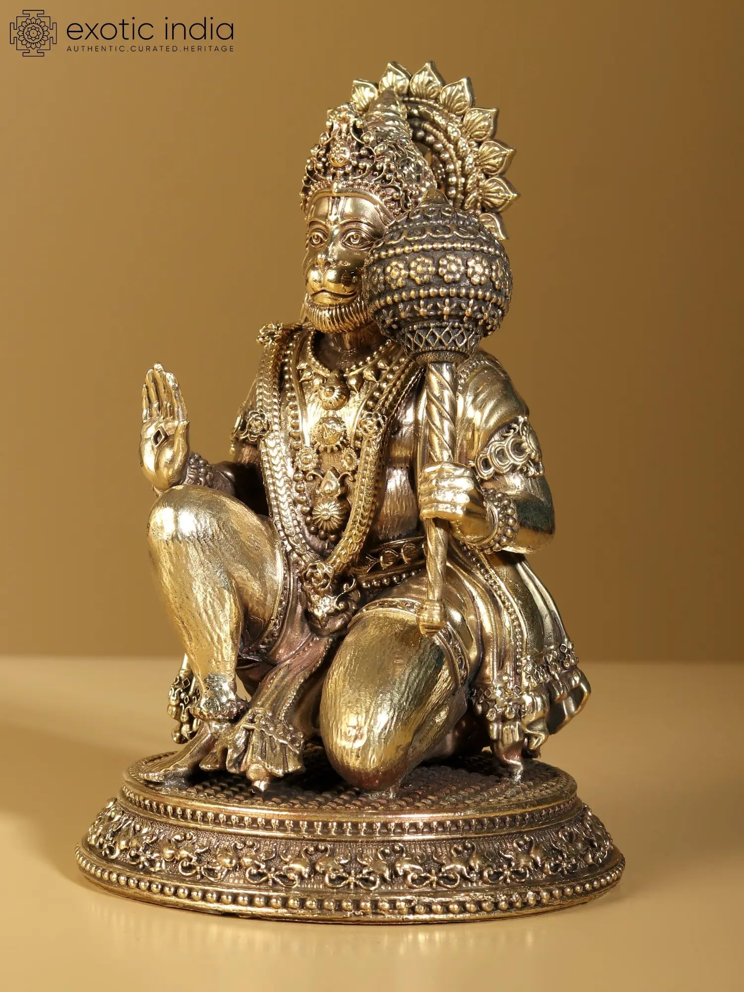 Exotic India Superfine Blessing Lord Hanuman mosiężna statuetka | Bajrangbali Idol Murti Moorti statuetka do pokoju świątyni Puja, wystrój domu