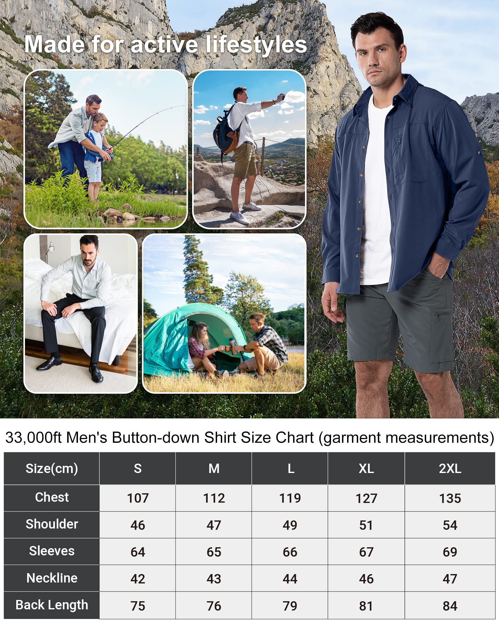 33,000ft Safari Camisa deportiva de manga larga para hombre, UPF50+, protección UV, transpirable, con botones, con bolsillos, para senderismo, pesca, viajes