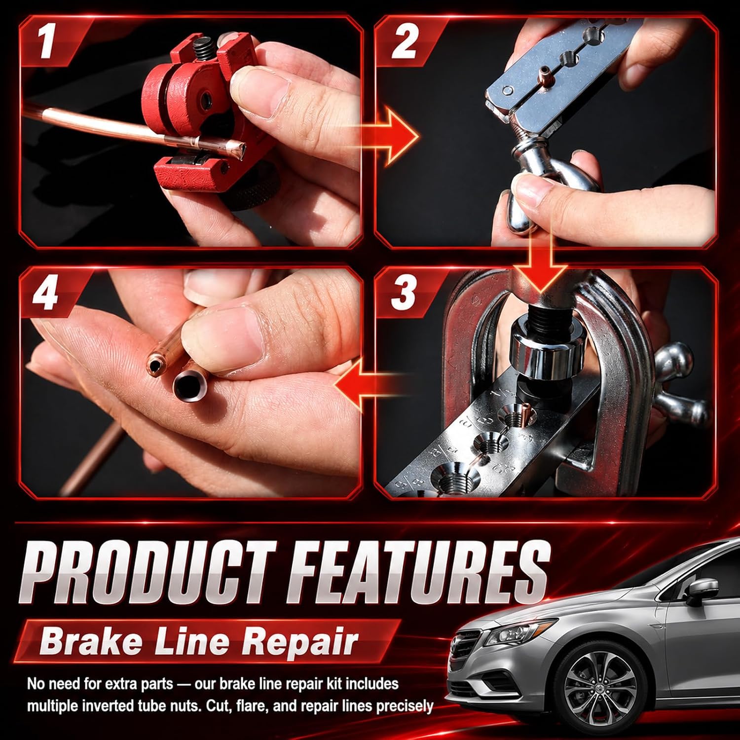 25Ft 1/4" & 3/16" Brake Line Kit,Single & Double Brake Line Flaring Tool Kit with 32 Inverted Fittings/Tube Cutter/5 Adapters,Professional Brakes Lines Repair Kits