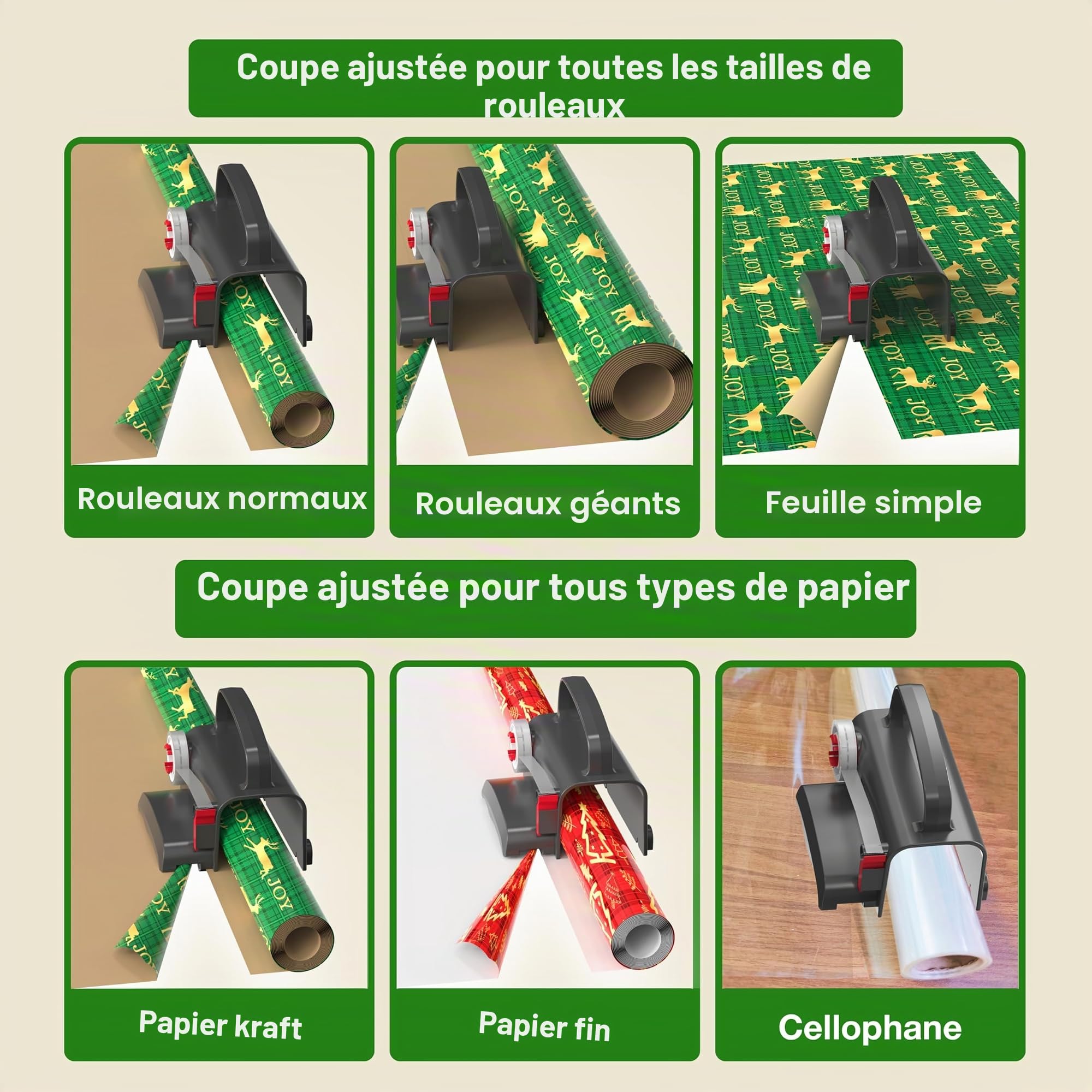 Coupe Papier Cadeau, Massicot Rouleau de Papier Cadeau de Noël avec roulettes, 2 Rouleau, 2 lames et 4 rubans adhésifs, Massicot Remplaçable, Pour le Papier Cadeau, Noël, Emballage Cadeau