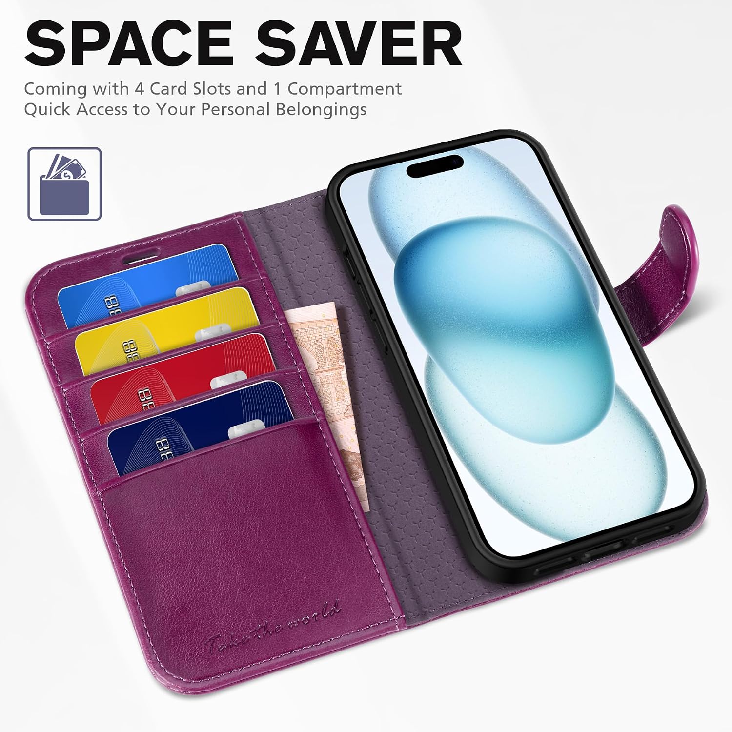 TUCCH Case Wallet for iPhone 15 6.1-inch 5G, [TPU Shockproof Inner Shell] PU Leather [RFID Blocking] 4 Credit Card Holder Magnetic Kickstand Flip Cover Compatible with iPhone 15 6.1" 2023, Plum Purple