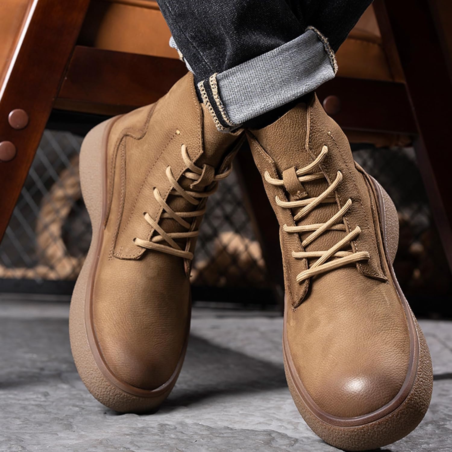 Men Lace Up Cowboy Boots, Round Toe Non-Slip Walking Shoes Ankle Bootie, Genuine Leather Comfortable Durable Breathable Fashion Western Retro Chelsea Boot Casual Work Hiking Camping - Image 2