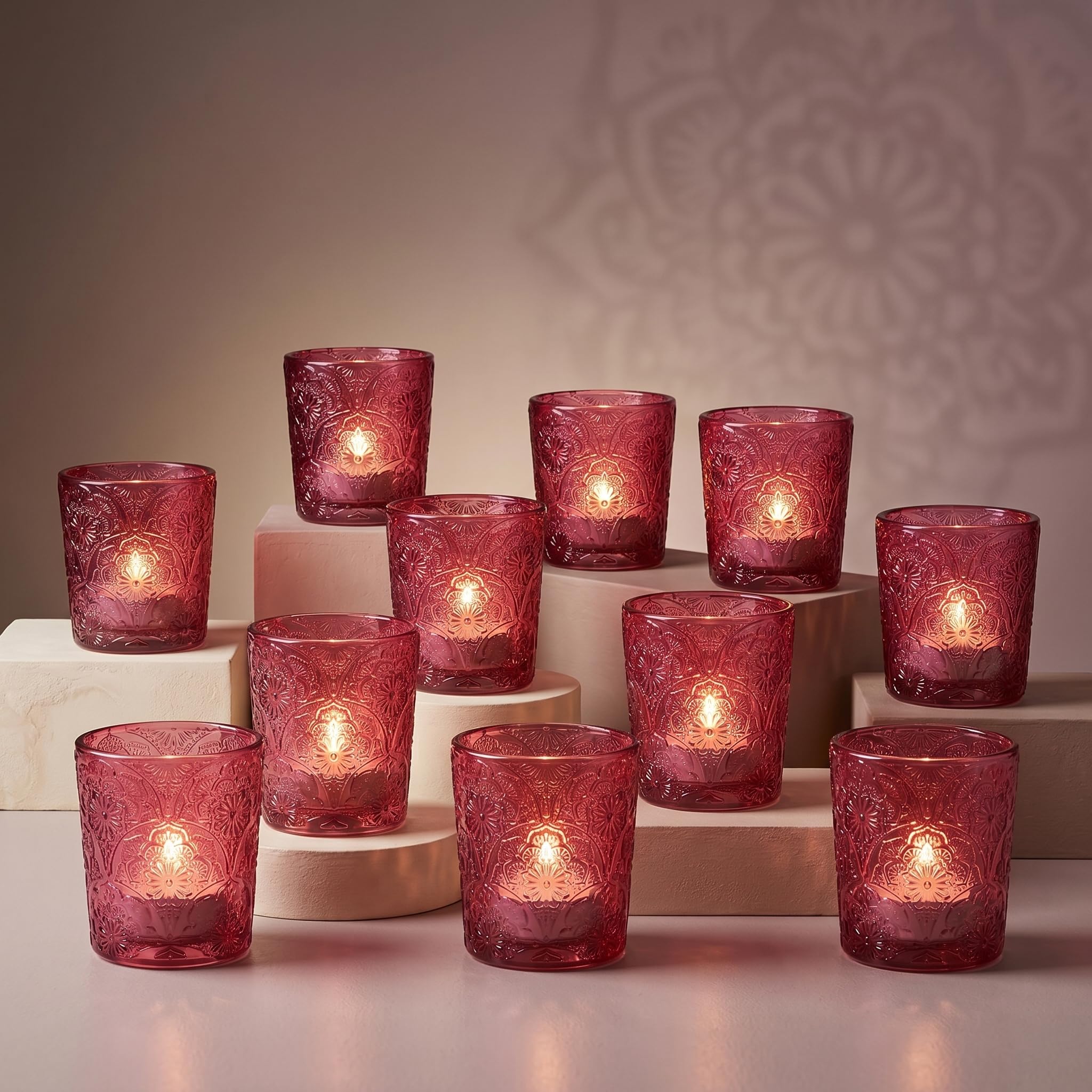 Photo 1 of Art Secret Wild Berry Red Mandala Glass Tealight Holders, 12 Pack