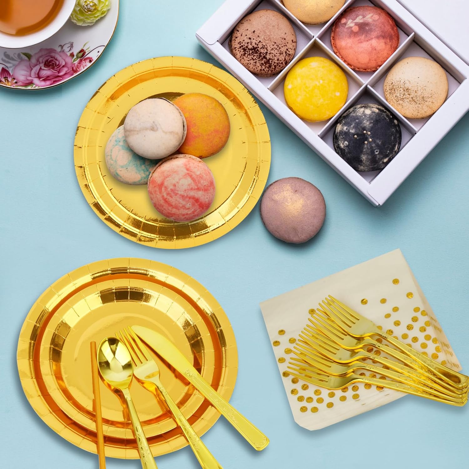 200 PCS Gold Disposable Party Supplies, Disposable Party Tableware Set with Gold Paper Plates, Paper Cups, Napkins, Plastic Knives, Forks and Spoons （25 Guests）