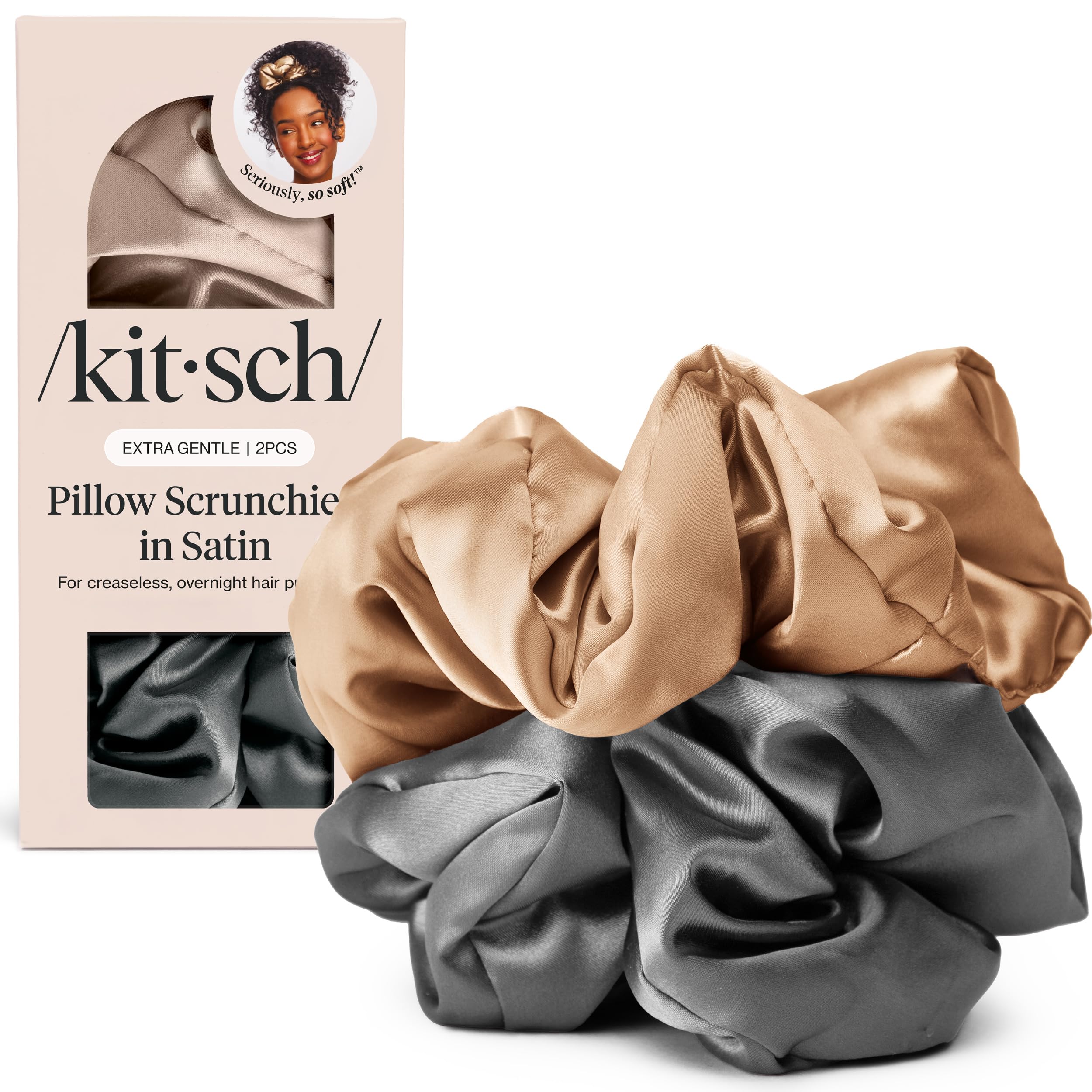 Kitsch Pillow Satin Scrunchies for Women - Charcoal & Gold, 2pcs