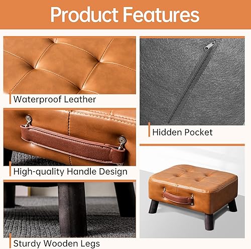 Miniatura 6 de Taburete pequeño otomano, reposapiés otomano rectangular de piel sintética, taburete de noche con patas de madera, taburete rectangular pequeño,