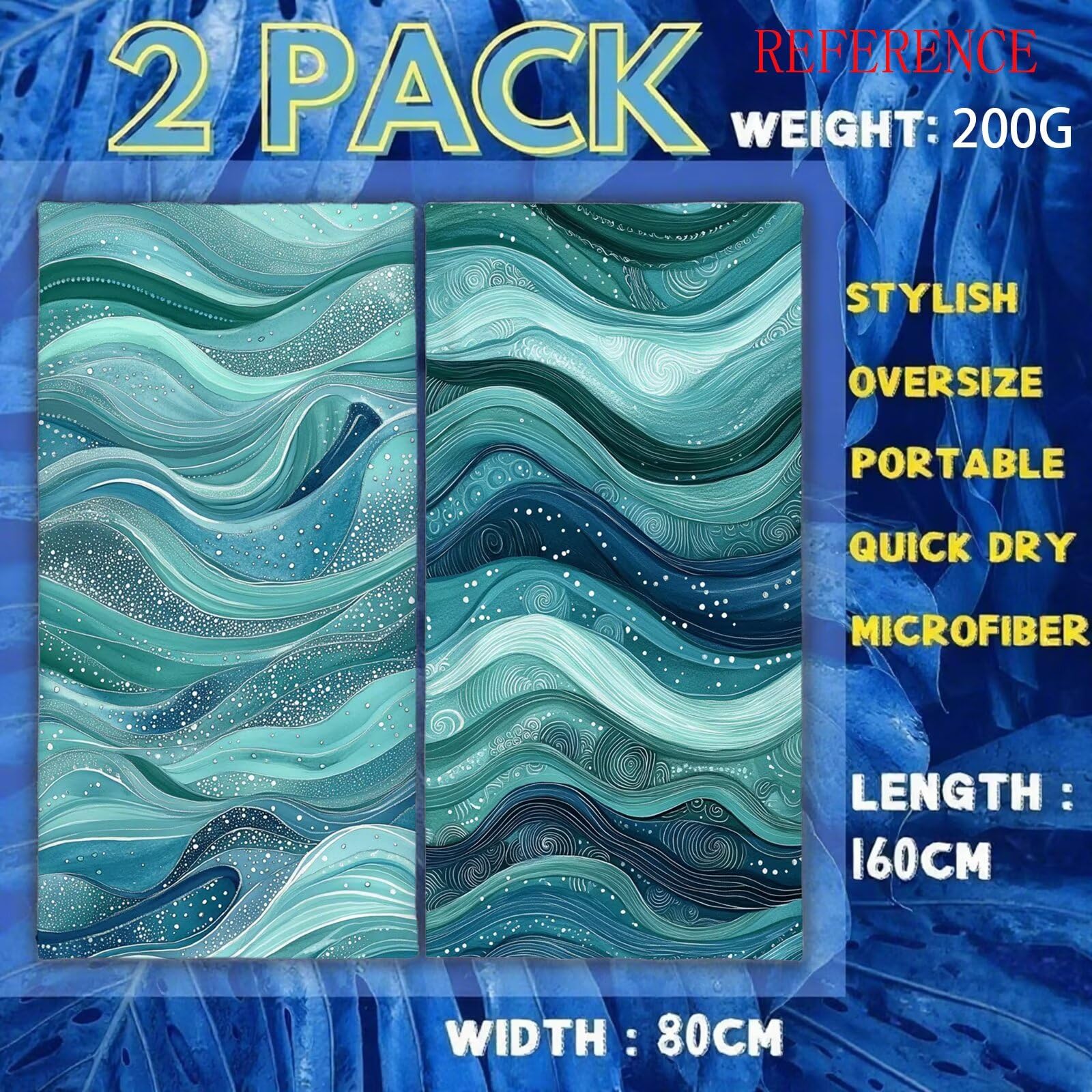 Ręcznik plażowy turkusowe ręczniki plażowe dla dorosłych 90 x 200 cm fale ręcznik z mikrofibry ręcznik kąpielowy bez piasku, chłonny szybkoschnący lekkie akcesoria plażowe do pływania, wakacji, jogi