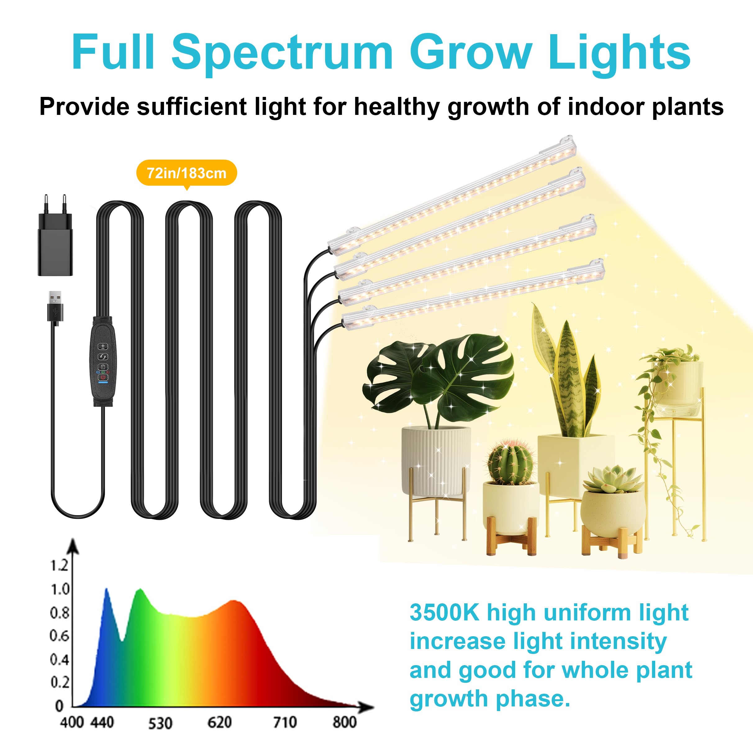 Lampe de croissance LED 22 cm - Spectre complet 3500 K - Pour plantes d'intérieur - Avec minuterie de 3/9/12 H - 10 niveaux d'intensité variable - Pour semis, plantes succulentes et étagère à plantes