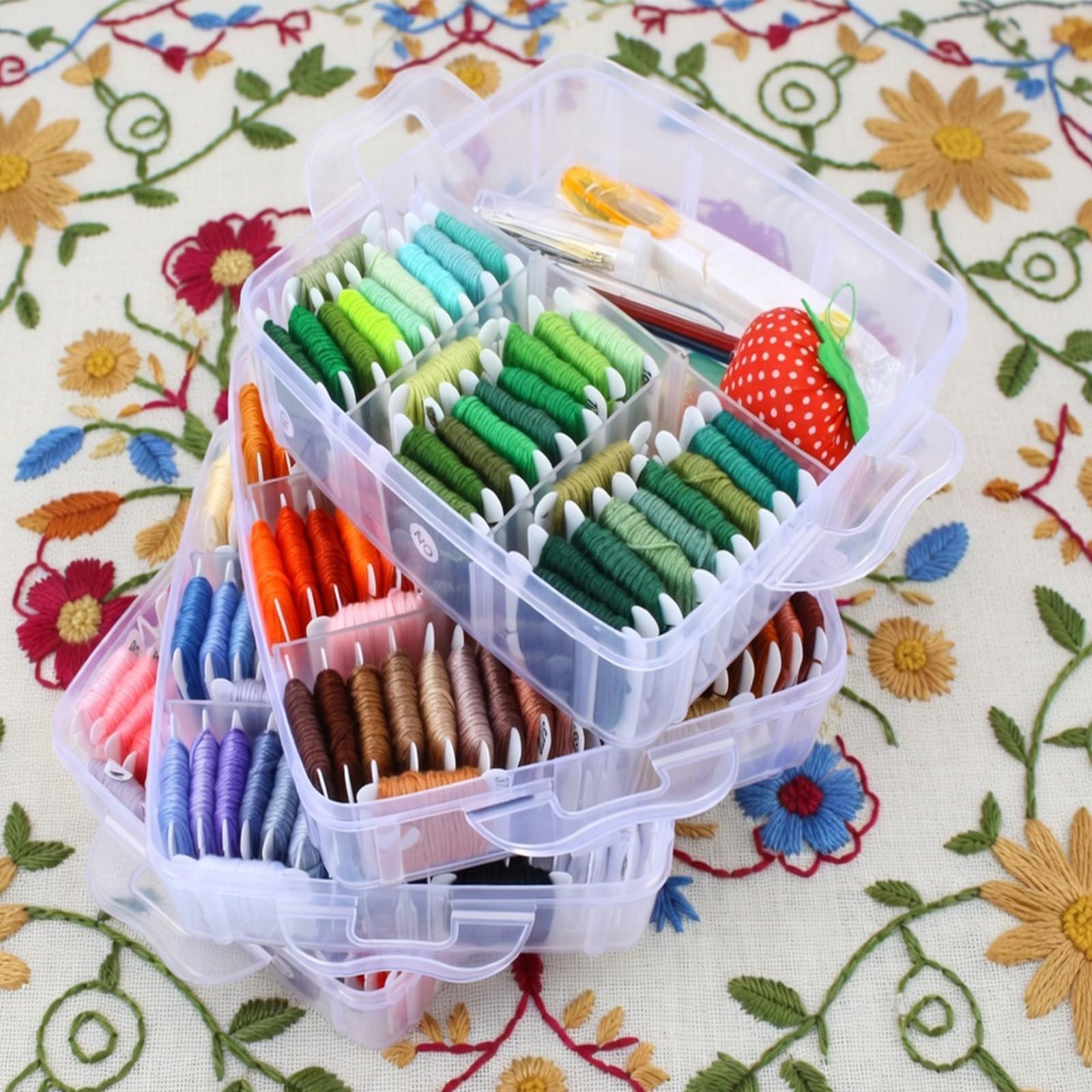Athena's Elements Stickgarn-Set – 150 Farben Stickgarn mit Kreuzstich, Nähgarn-Werkzeuge, 3-stöckiger transparenter Organizer und Armbandherstellungsanleitung