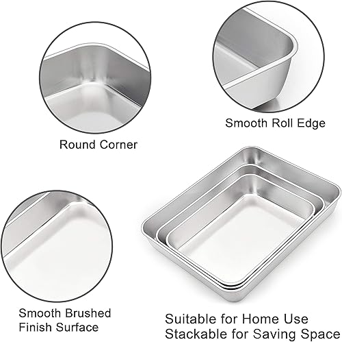 Miniatura 3 de TeamFar Molde para lasaña (3 sartenes y 3 tapas), 12 & 10 pulgadas y 9 pulgadas de diámetro, molde rectangular de acero inoxidable para hornear