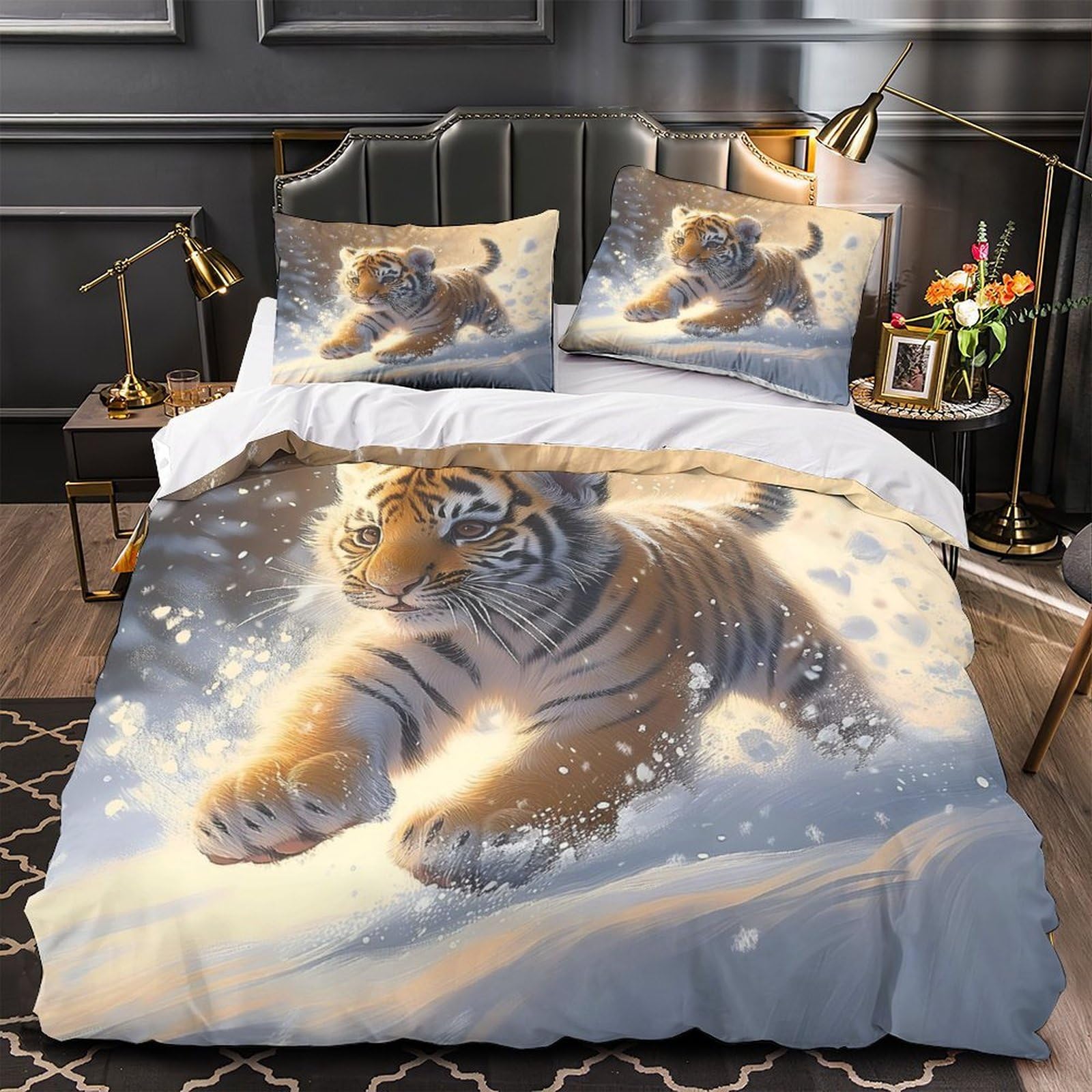 Housse de couette faune 220x240 avec imprimé 3D tigre running et taies d'oreiller en microfibre