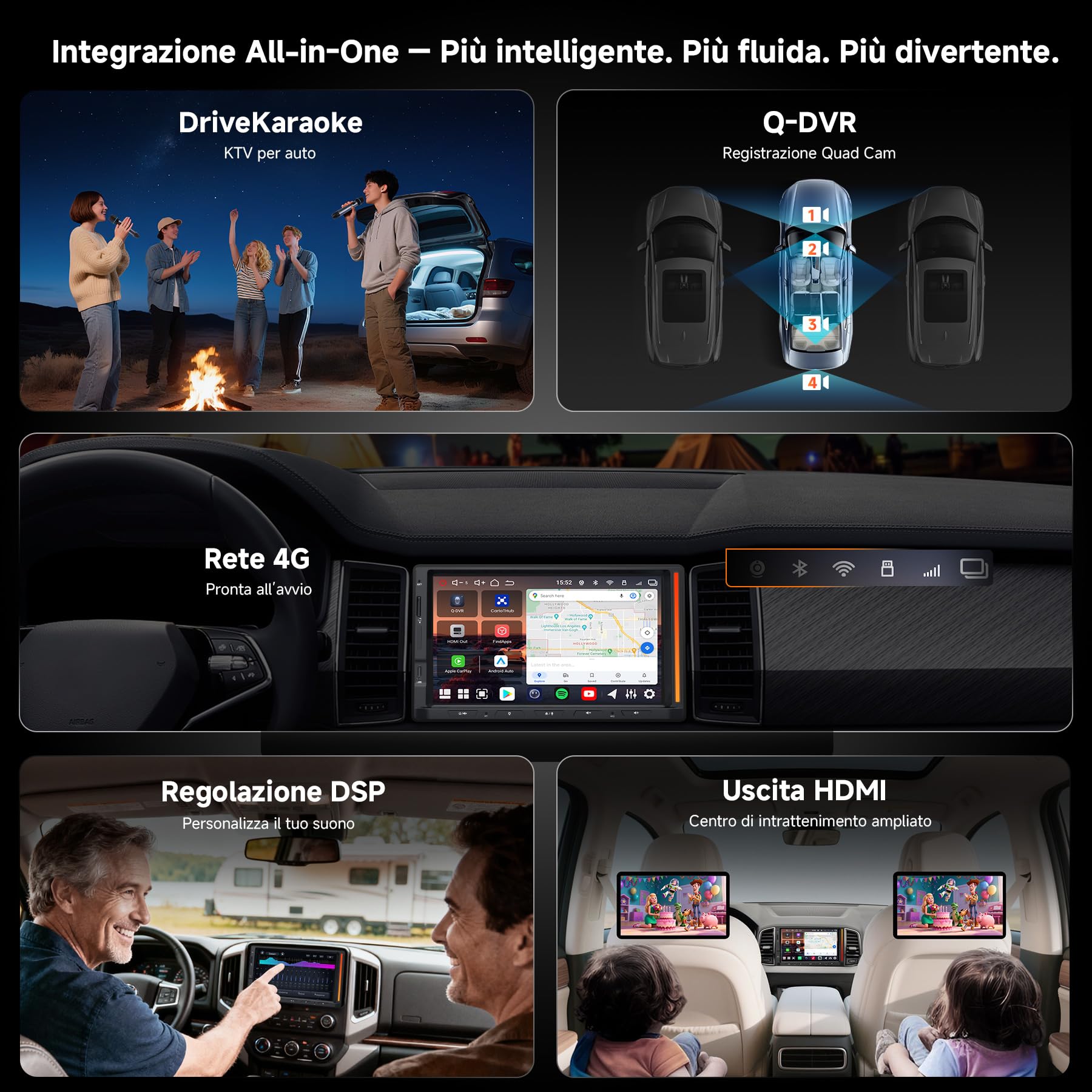 V10 Autoradio 2 Din Android 7" QLED, Karaoke in Auto, Registrazione Simultanea a 4 Telecamere, 4G SIM/Wi-Fi/USB Tethering, aptX HD Bluetooth, DSP Audio 7.1.2, IA Agentica
