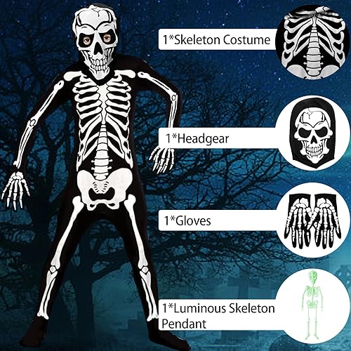 Miniatura 4 de Kitimi Disfraz de esqueleto para niños que brilla en la oscuridad, enterizo de Halloween para niños y niñas con colgante de esqueleto
