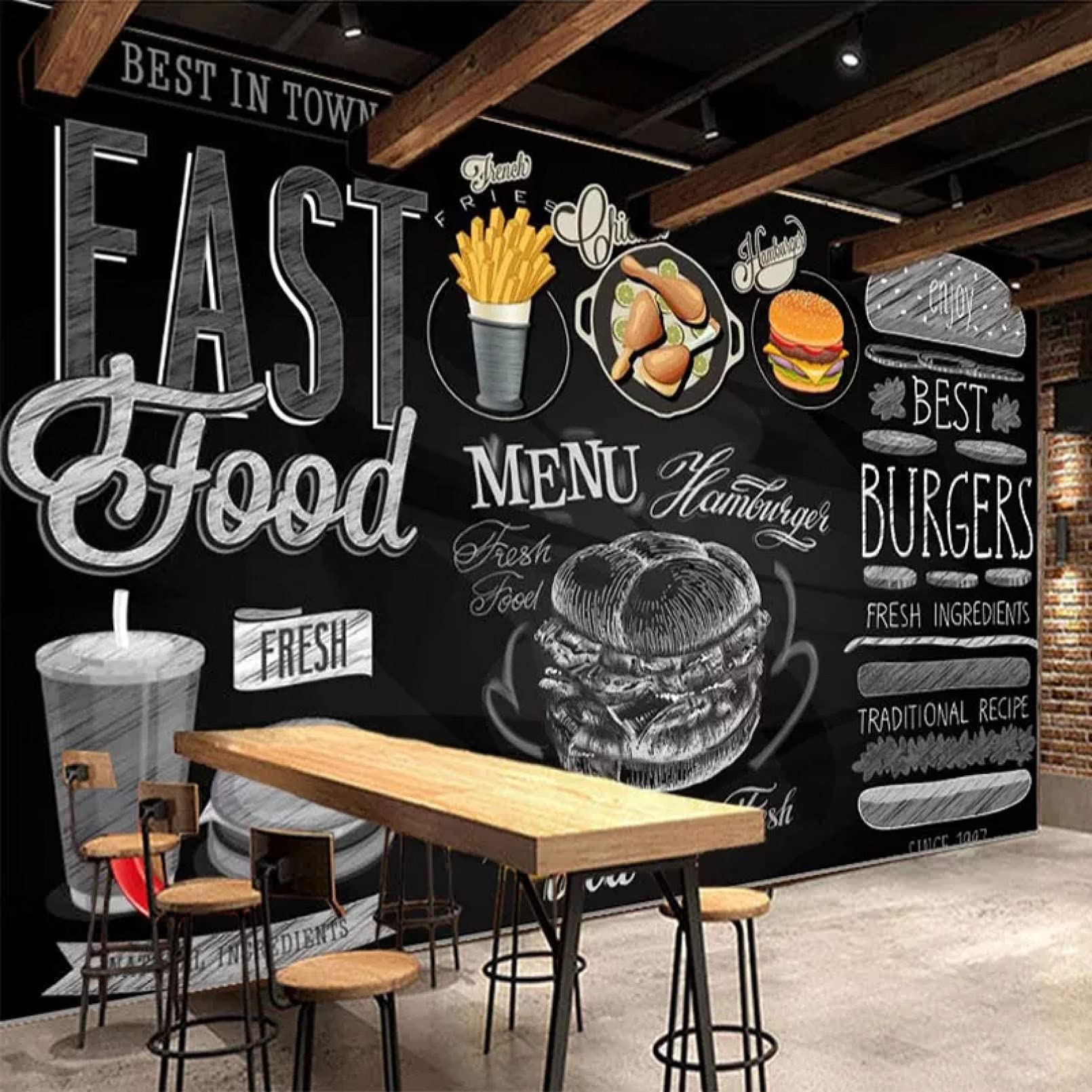 Papier peint mural 3D effet trompe l'oeil tableau noir burger rétro 350x250