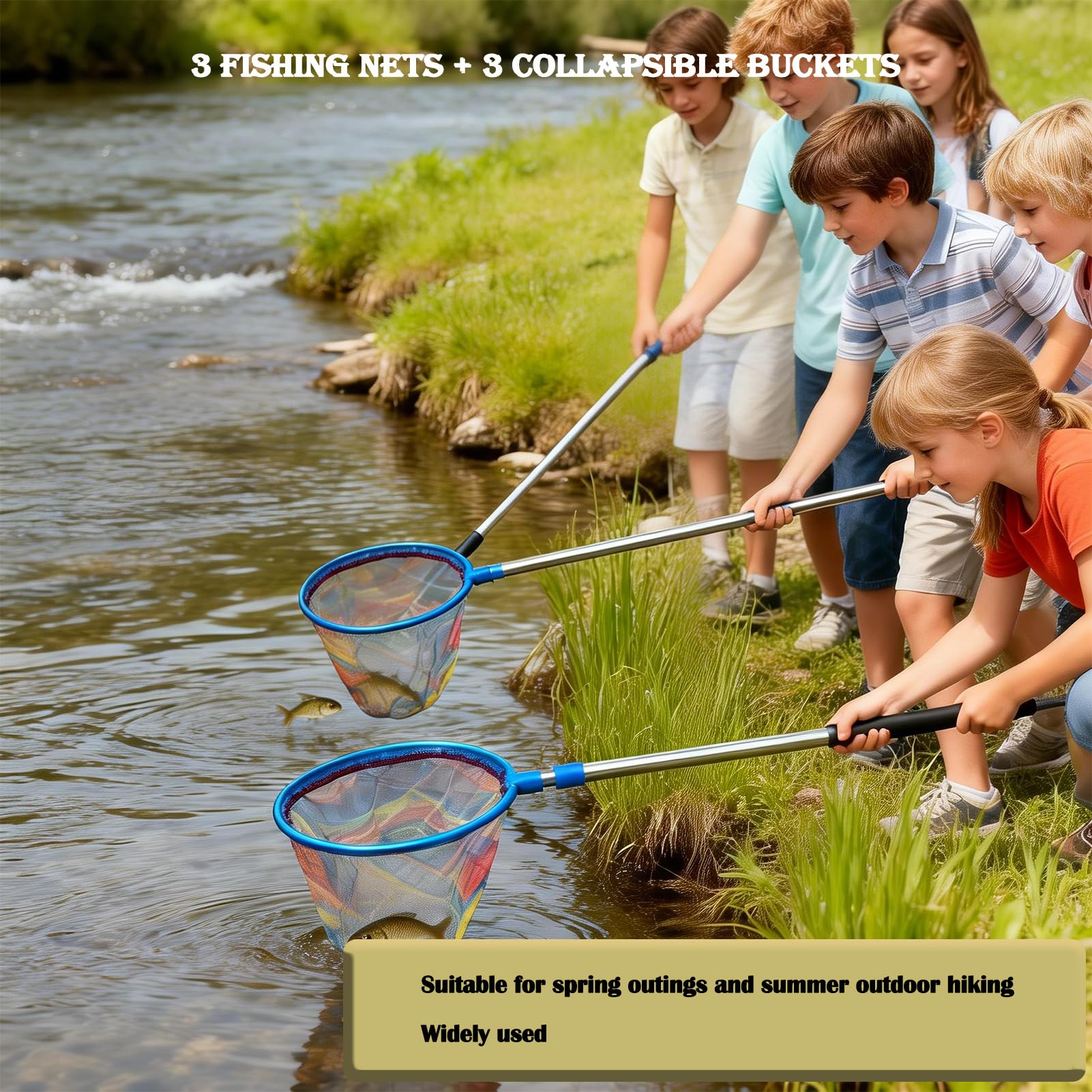 3 Stück Teleskop Kescher Kinder, 55-125cm Angel Kescher für Kinder, Angelkescher Schmetterlingsnetz mit 3 Faltbaren Eimern Kleine, Unterfangkescher Angelkescher für Kinder Fangen von Insekten - 3