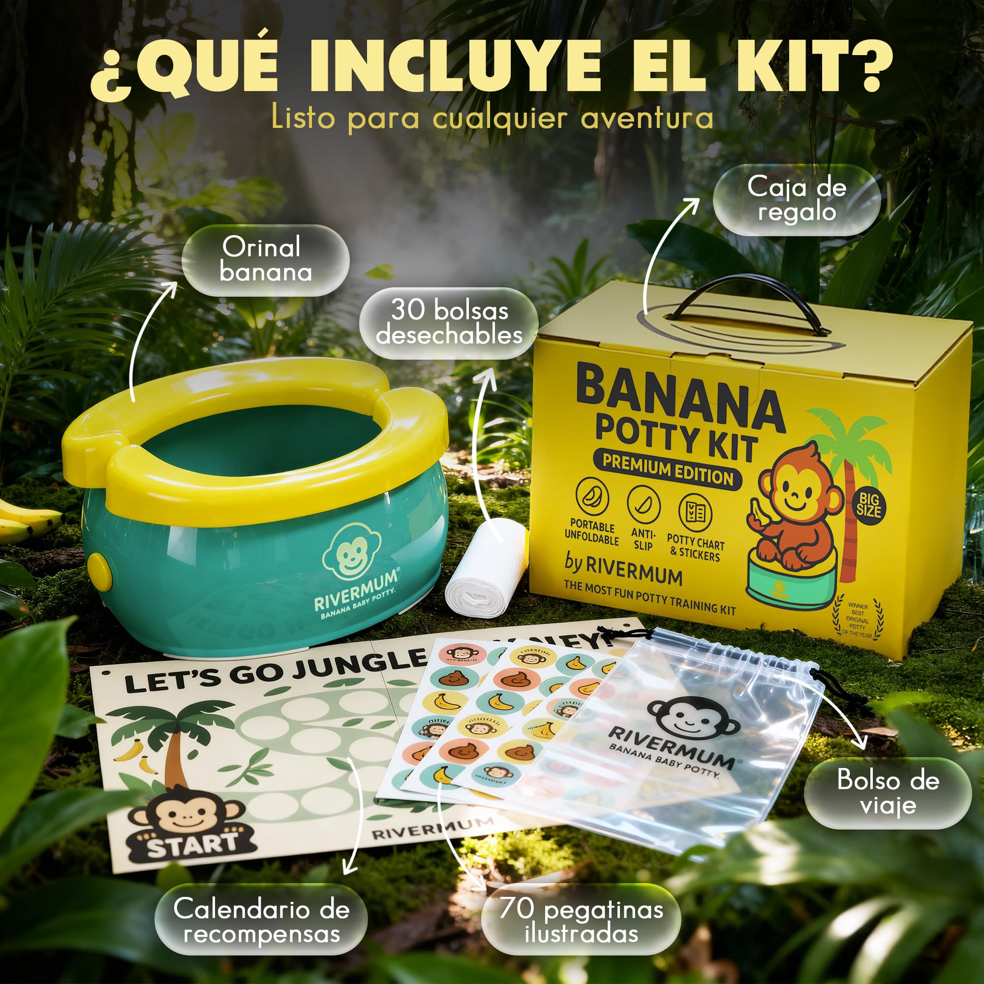 RIVERMUM® Kit Orinal Portatil Niños Plegable Banana XL, Orinal Infantil Pórtatil para viajes o casa, WC Inodoro portatil Niños, Potty Training, Incluye Bolsas, Pegatinas y Cacalendario (VERDE) - 2