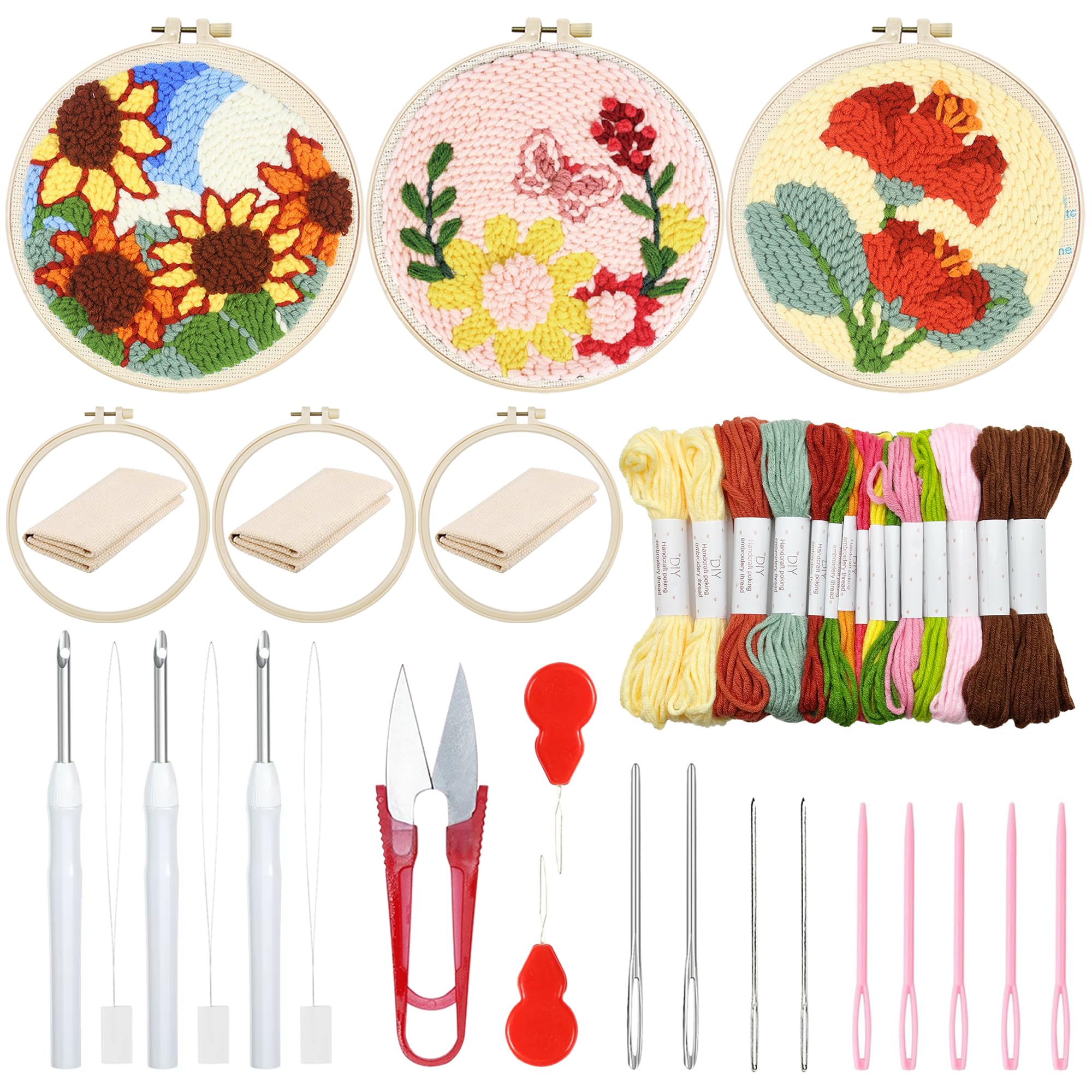 Attuslla 3 Set Punch Needle Embroidery Starter Kit with Pattern, Plastic Hoop, Yarn