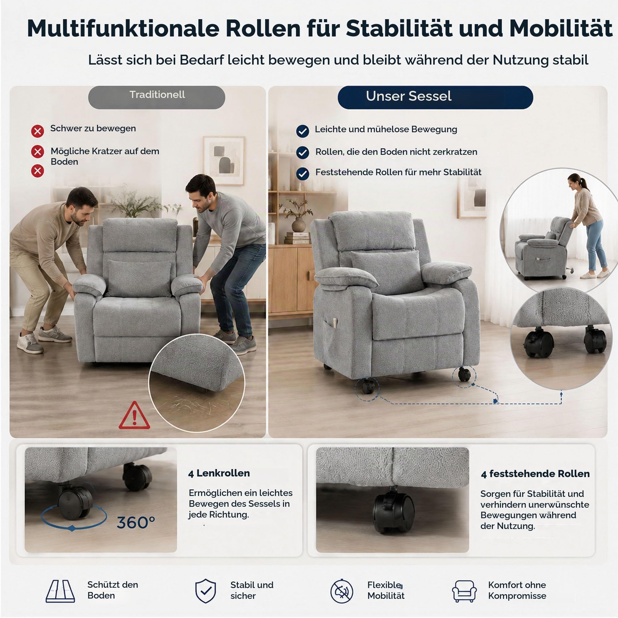 Fernsehsessel mit Liegefunktion, Relaxsessel Elektrisch Verstellbar, Schlafsessel mit Armlehnen und Fußstütze, 2 Seitentaschen und Verstellbare Lendenkissen für Wohnzimmer (Hellgrau)
