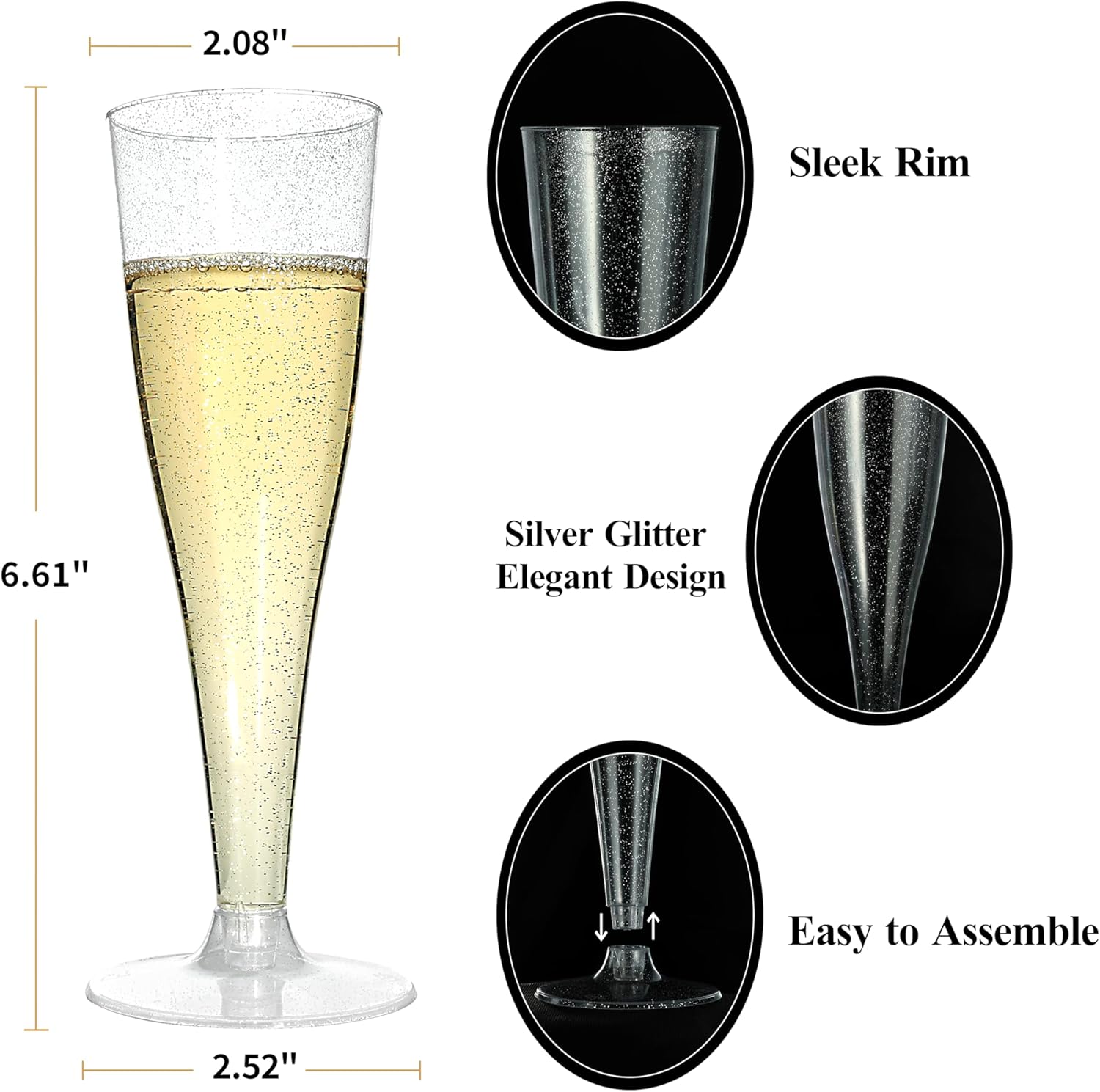 100 Pack Champagne Flutes Plastic, 4.5 oz Silver Glitter Plastic Disposable Stemware, Disposable Champagne Flutes for Party, Mimosa Bar, Wedding, Anniversary and Graduation - Image 2