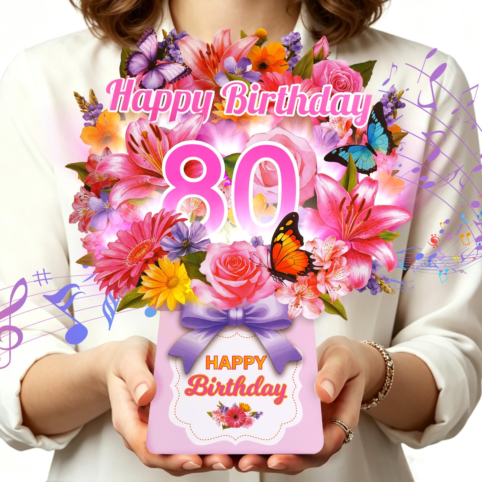 80th Birthday Cards for Women, 3D Pop-up Birthday Card w Music & Lights | 10 Inch Forever Lily Bouquet Pop-up Card, Happy Birthday Card Gifts for 80 Year Old Mum, Grandma, Wife, Sister