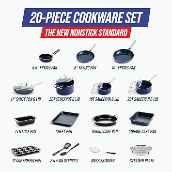Blue Diamond 20 Piece Nonstick Cookware Set, Diamond Ceramic Pots & Pans, Dishwasher & Metal Utensil Safe, Non Toxic PFAS-Free, Kitchen Cooking Sauce & Saute Pans, Oven & Broiler to 600F, Blue