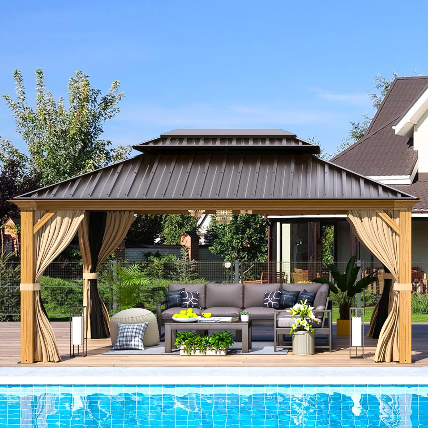 EROMMY 12' x 16' Gazebo, Wooden Finish Coated Aluminum Frame Canopy with Double Galvanized Steel Hardtop Roof, Outdoor Permanent Metal Pavilion with Curtains and Nettings for Patio.