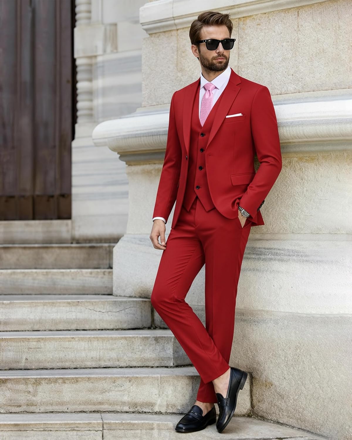 EastSide Men's Slim Fit 3 Pieces , One Button Sets Vest Pants Coat Suit, Red, X-Large