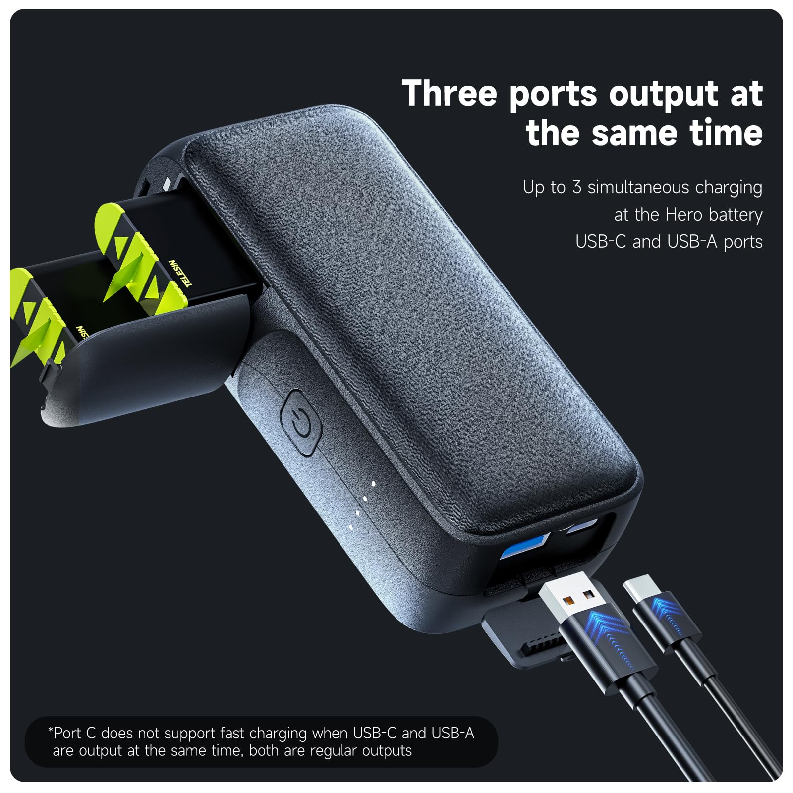 TELESIN 10000 mAh Akkuladegerät Power Bank für Go Pro Hero 13, Dual-Slot Schnellladegerät für Go Pro Hero 13, Multifunktions-tragbares Powerbank Akku-Ladegerät voll kompatibel mit Go Pro Hero 13 Akku