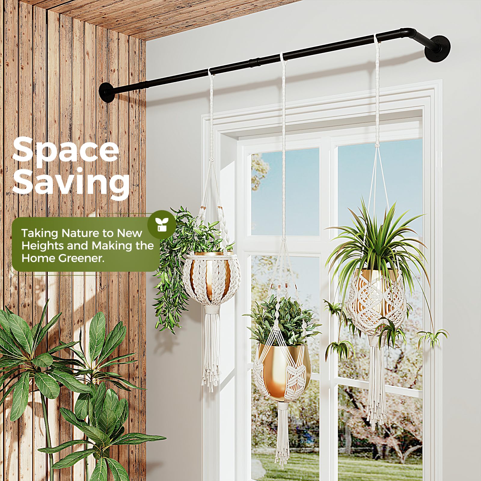Bamworld Fioriere da appendere per piante da interno, a forma di T, supporto per piante da interno, per finestre, mensole per piante, montaggio a soffitto, asta nera, per decorazione da parete da