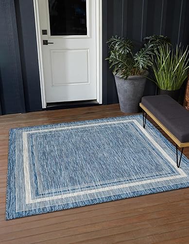 Vista 158 de Unique Loom - Colección Outdoor Border - Tapete para exteriores de borde suave - 5 pies 3 pulgadas x 8 pies, rectangular, azul/marfil azu/marfil