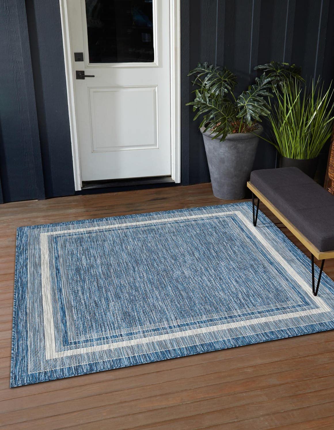 Unique Loom Outdoor Border Collection Area Rug - Soft Border (13' Square, Blue/ Ivory)