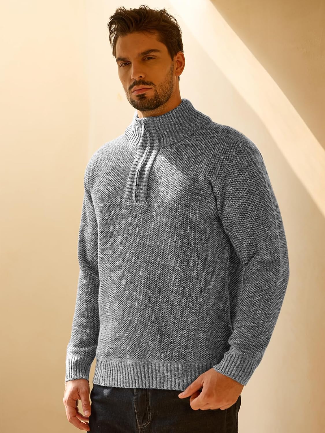 Les umes Mens Half Zip Jumper Plaid Fleece Lined Turtleneck Knit Sweater Long Sleeve Warm Stand Collar Pullover - Image 3