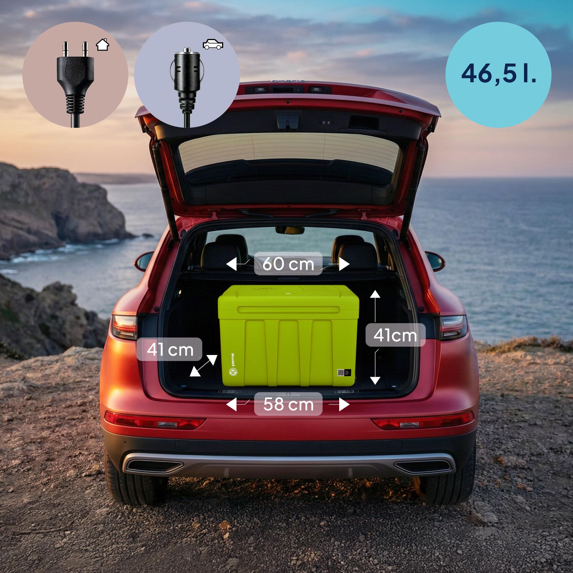 peme Essential Elektryczna Lodówka Turystyczna 46,5L - Chłodzenie i Podgrzewanie Podwójne Zasilanie 12V & 240V Tryb Eco Kółka i Rączka Cicha Praca do Samochodu Kempingu - Essential XL 50 Neon Jungle