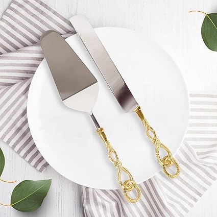KRAFTYHOME Cake Cutter Knife and Server Set of 2 | Brass Leaf Handle Design | Made with Brass and Stainless Steel (Gold Plated) | Pizza Knife Pie Server | Best for Gifting - 12 inch