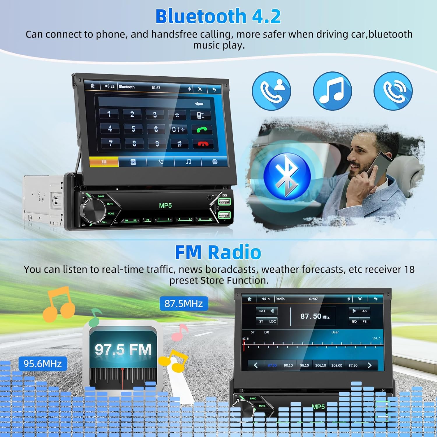 Single Din Car Stereo,7" IPS Manual Flip-Out Touch Screen Car Radio with Wireless CarPlay & Android Auto, Support Bluetooth/Mirror Link/WiFi/SWC/MIC/TF/USB/FM/EQ for 12-24V Cars +Rear Camera